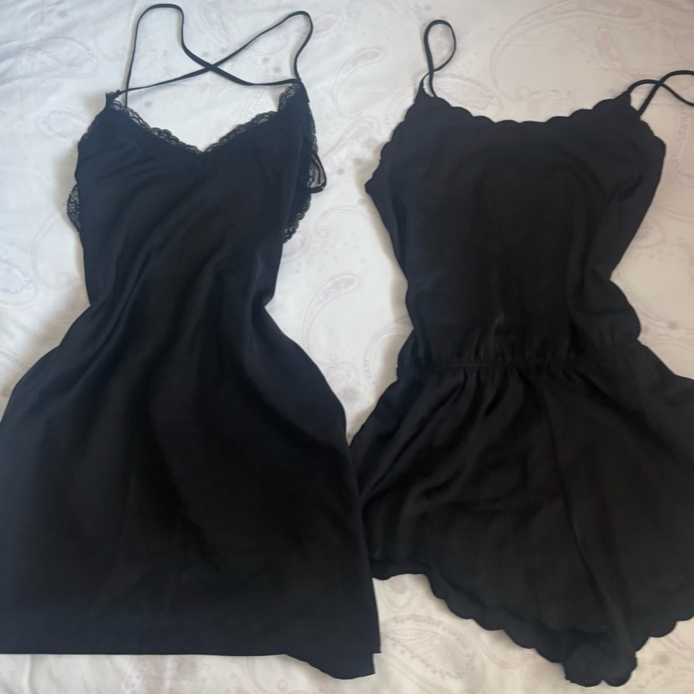 Night Black Lace Trim Slip Dress and Romper Set S